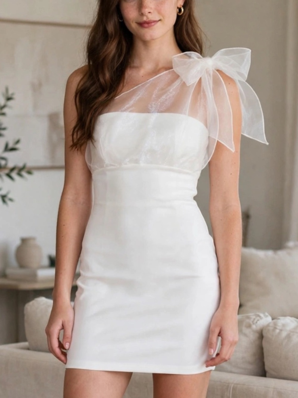 White Asymmetrical One-Shoulder Mini Dress Organza Bow NWT